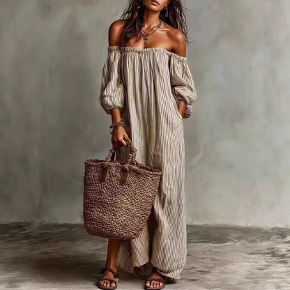 Spring And Summer Women's Striped Off-Shoulder Long Dress
