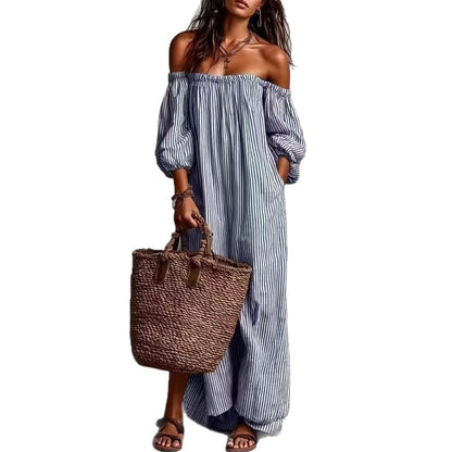Spring And Summer Women's Striped Off-Shoulder Long Dress